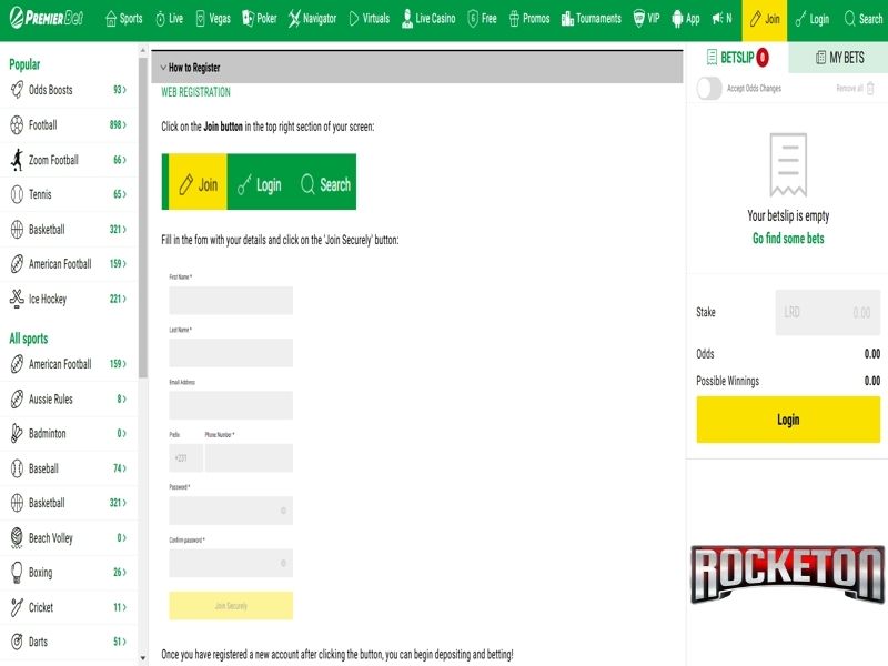 Registration at PremierBet casino